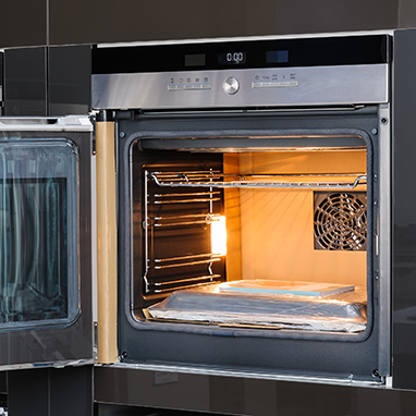 Modern oven with door open